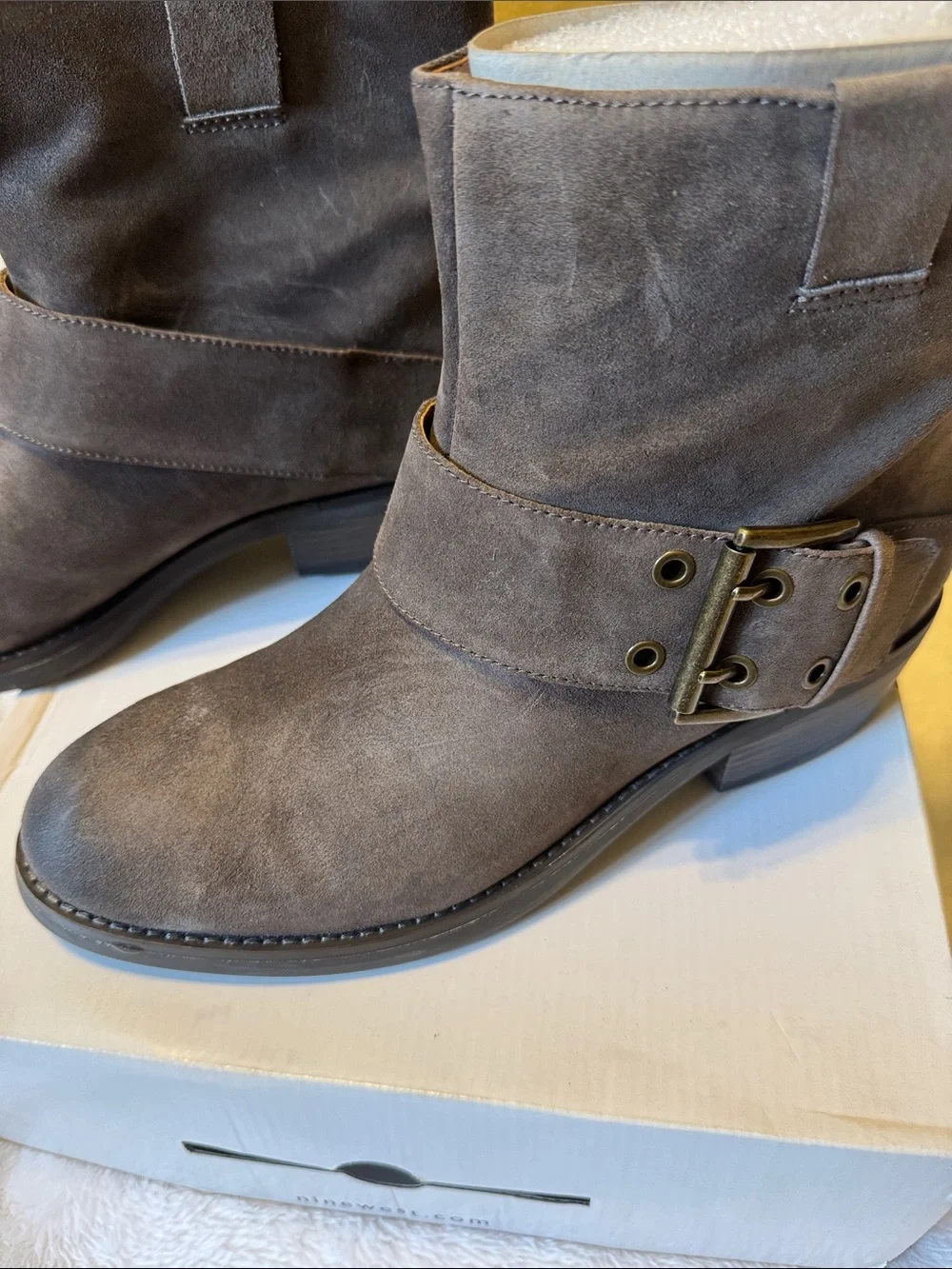 Nine West Gray Taupe Suede Buckle Ankle Boots